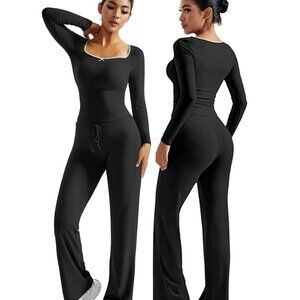 Lounge Set Lace Square Neck Long Sleeve Tops Wide Leg Pants 2 Piece Outfit